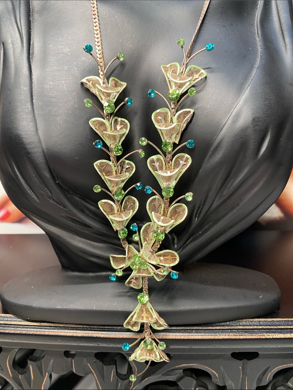 Unique Green Blue Floral Statement Necklace With Gemstone Crystal Accents